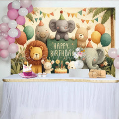 Lofaris Cute Cartoon Jungle Animals Happy Birthday Backdrop Safari Lion Elephant Bear Party Decoration