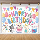 Lofaris Cute Cartoon Kitten Birthday Backdrop with Colorful Balloons and Cake Adorable Party Decor for Kids Celebration and Photo Booth Prop