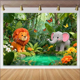 Lofaris Cute Cartoon Lion and Elephant Jungle Birthday Backdrop Wild Safari Adventure Party Decor