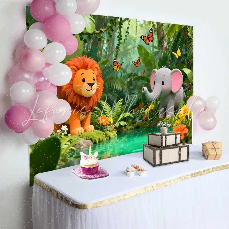 Lofaris Cute Cartoon Lion and Elephant Jungle Birthday Backdrop Wild Safari Adventure Party Decor