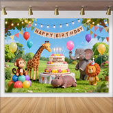 Lofaris Cute Cartoon Safari Animal Birthday Backdrop with Balloons Vibrant Jungle Party Background for Kids Photoshoot