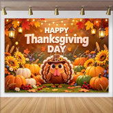 Lofaris Cute Cartoon Turkey Thanksgiving Backdrop with Pumpkins and Autumn Leaves Vibrant Fall Harvest Background for Party and Photoshoot