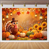 Lofaris Cute Cartoon Turkey Thanksgiving Backdrop with Pumpkins and Sunflowers Warm Autumn Harvest Party Background for Photo Booth Props