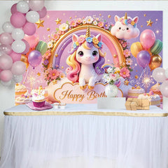 Lofaris Cute Cartoon Unicorn Rainbow Birthday Backdrop for Girls Pastel Flowers and Balloons Party Background for Kids Celebration