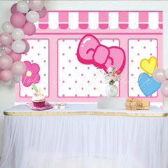 Lofaris Cute Cat Pink Bow Shop Backdrop Polka Dot Storefront for Girls Birthday Cartoon Kitty Inspired Party Decor