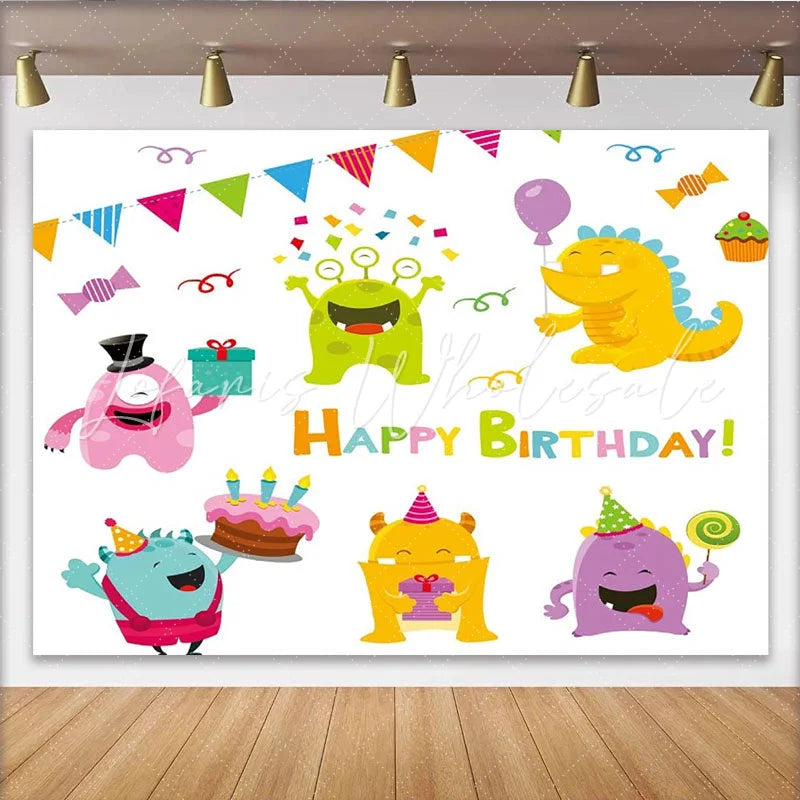Lofaris Cute Colorful Cartoon Monsters Happy Birthday Party Backdrop with Cake and Gifts Fun Celebration Decor