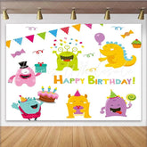 Lofaris Cute Colorful Cartoon Monsters Happy Birthday Party Backdrop with Cake and Gifts Fun Celebration Decor