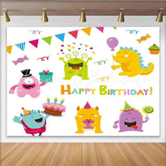 Lofaris Cute Colorful Cartoon Monsters Happy Birthday Party Backdrop with Cake and Gifts Fun Celebration Decor