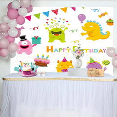Lofaris Cute Colorful Cartoon Monsters Happy Birthday Party Backdrop with Cake and Gifts Fun Celebration Decor