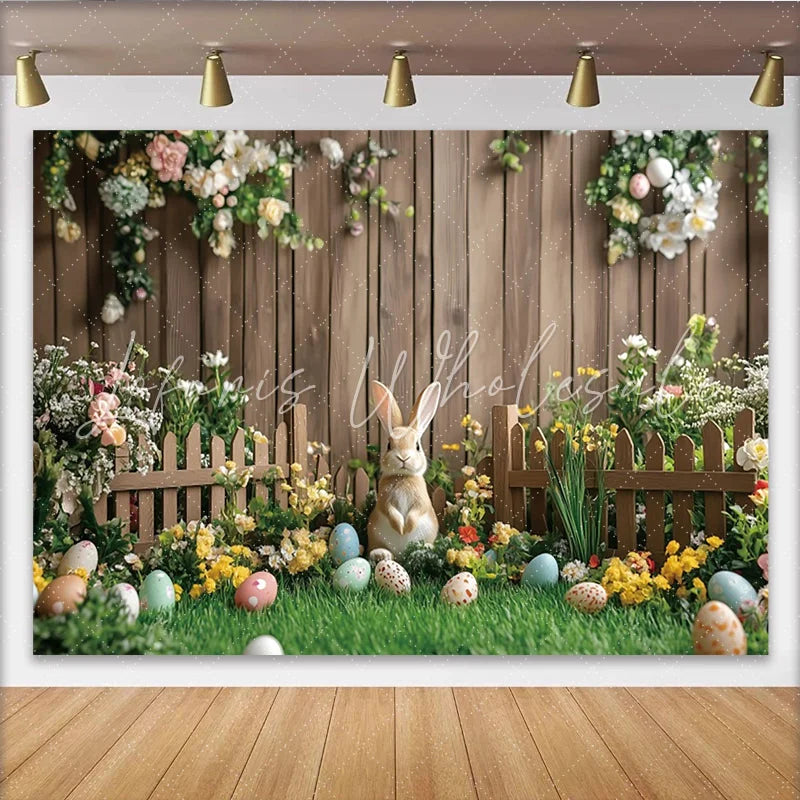 Lofaris Cute Easter Rabbit Backdrop with Colorful Eggs and Spring Flowers Wooden Fence Background for Holiday Photography.