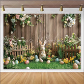 Lofaris Cute Easter Rabbit Backdrop with Colorful Eggs and Spring Flowers Wooden Fence Background for Holiday Photography.