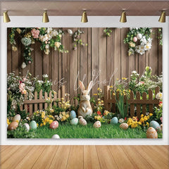 Lofaris Cute Easter Rabbit Backdrop with Colorful Eggs and Spring Flowers Wooden Fence Background for Holiday Photography.