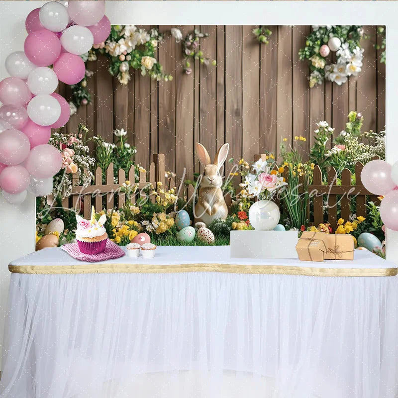 Lofaris Cute Easter Rabbit Backdrop with Colorful Eggs and Spring Flowers Wooden Fence Background for Holiday Photography.