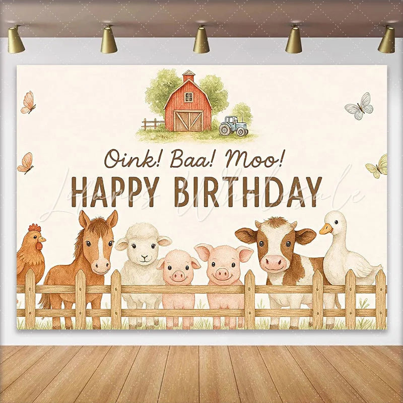 Lofaris Cute Farm Animal Birthday Backdrop with Oink Baa Moo Rustic Barnyard Photo Background for Kids Party Decoration