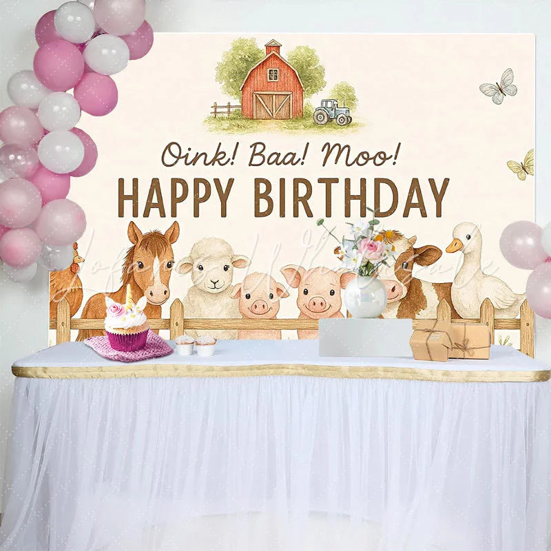 Lofaris Cute Farm Animal Birthday Backdrop with Oink Baa Moo Rustic Barnyard Photo Background for Kids Party Decoration