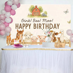 Lofaris Cute Farm Animal Birthday Backdrop with Oink Baa Moo Rustic Barnyard Photo Background for Kids Party Decoration