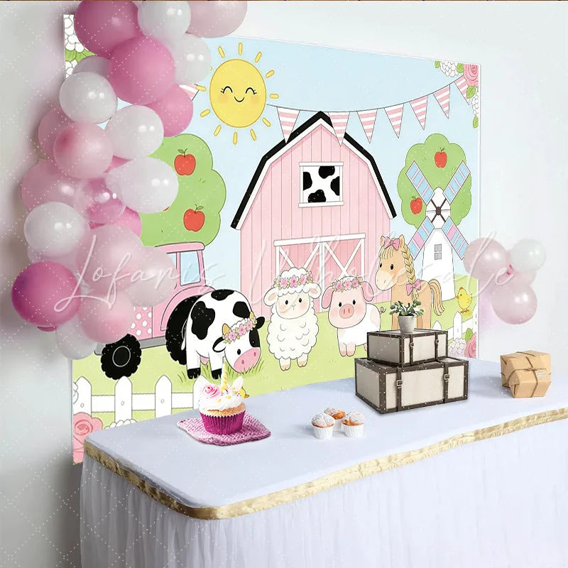 Lofaris Cute Farm Animal Birthday Backdrop with Pink Barn and Tractor Whimsical Party Decor for Kids Photoshoot.
