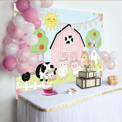 Lofaris Cute Farm Animal Birthday Backdrop with Pink Barn and Tractor Whimsical Party Decor for Kids Photoshoot.