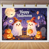 Lofaris Cute Ghosts Halloween Backdrop with Witch Hats and Jack-O-Lanterns Spooky Night Party Background for Trick or Treat Decor