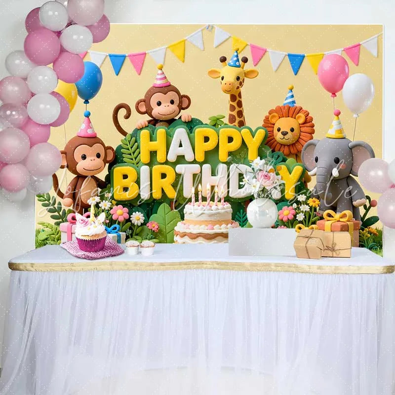 Lofaris Cute Jungle Animals Happy Birthday Backdrop with Cake and Balloons Safari Theme Party Decor