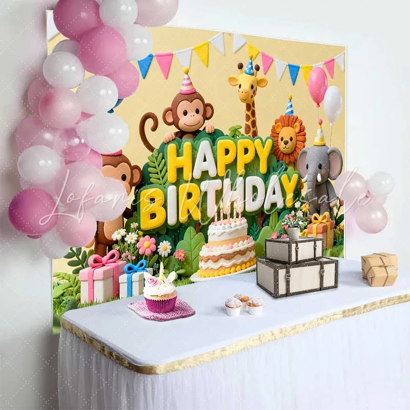 Lofaris Cute Jungle Animals Happy Birthday Backdrop with Cake and Balloons Safari Theme Party Decor