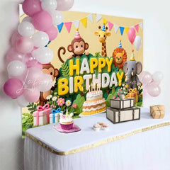 Lofaris Cute Jungle Animals Happy Birthday Backdrop with Cake and Balloons Safari Theme Party Decor