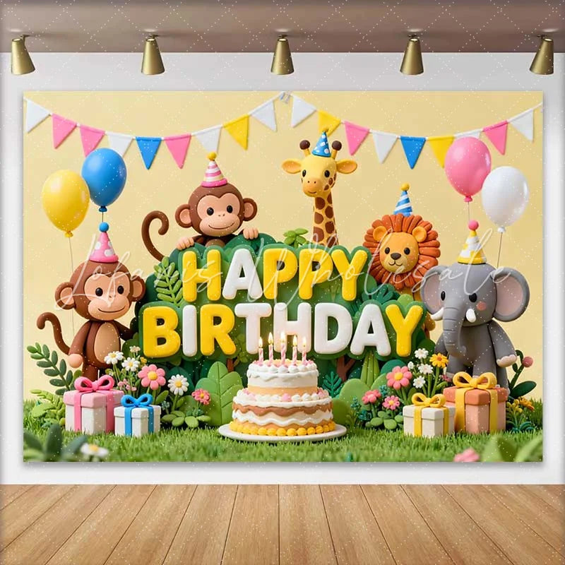 Lofaris Cute Jungle Animals Happy Birthday Backdrop with Cake and Balloons Safari Theme Party Decor