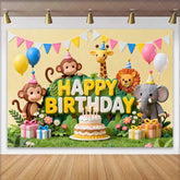 Lofaris Cute Jungle Animals Happy Birthday Backdrop with Cake and Balloons Safari Theme Party Decor