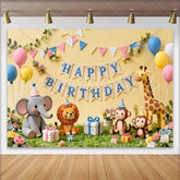 Lofaris Cute Jungle Animals Happy Birthday Backdrop with Safari Elephant Lion Monkey Giraffe Baby Shower Kids Party Decor