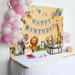 Lofaris Cute Jungle Animals Happy Birthday Backdrop with Safari Elephant Lion Monkey Giraffe Baby Shower Kids Party Decor