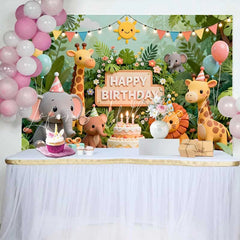 Lofaris Cute Jungle Safari Animals Birthday Backdrop with Elephant Giraffe Lion Happy Birthday Party Decor