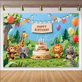 Lofaris Cute Jungle Safari Animals Birthday Backdrop with Happy Birthday Cake and Colorful Balloons for Kids Party