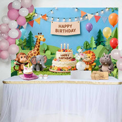 Lofaris Cute Jungle Safari Animals Birthday Backdrop with Happy Birthday Cake and Colorful Balloons for Kids Party