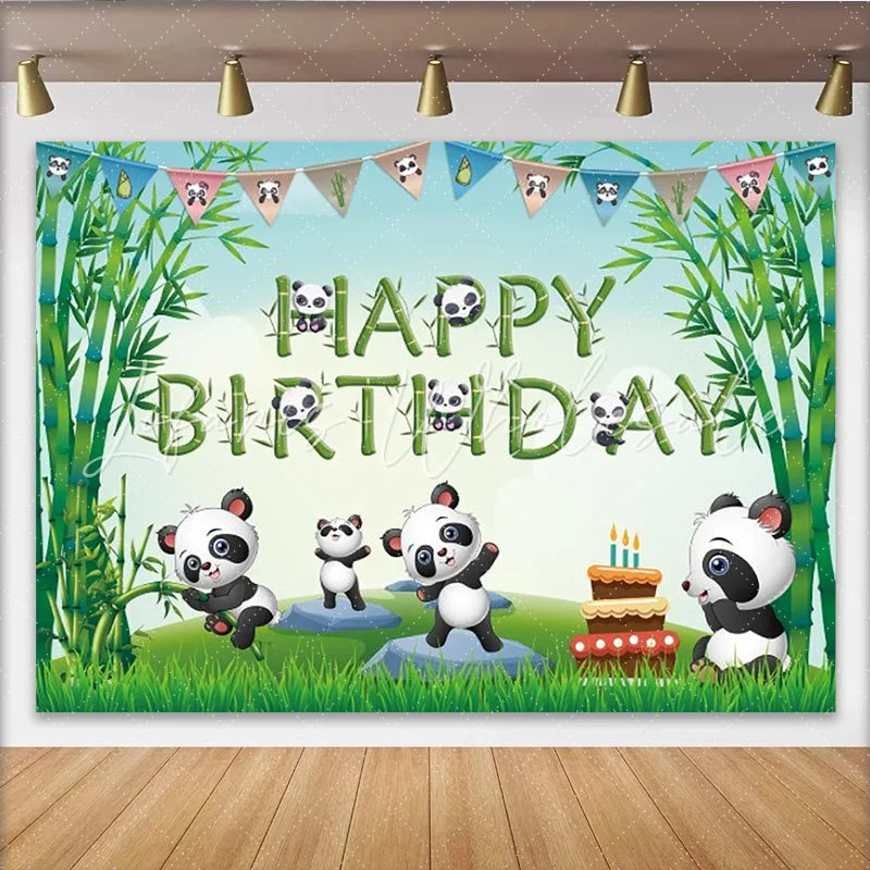 Lofaris Cute Pandas in Bamboo Forest Happy Birthday Backdrop Green Grass Cake Party Background