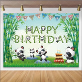 Lofaris Cute Pandas in Bamboo Forest Happy Birthday Backdrop Green Grass Cake Party Background