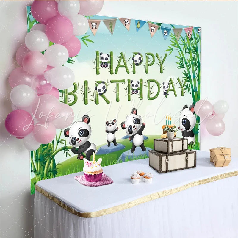 Lofaris Cute Pandas in Bamboo Forest Happy Birthday Backdrop Green Grass Cake Party Background
