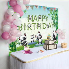Lofaris Cute Pandas in Bamboo Forest Happy Birthday Backdrop Green Grass Cake Party Background