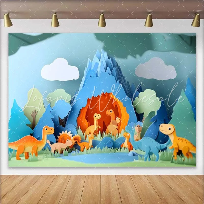 Lofaris Cute Paper Art Dinosaur Birthday Cake Smash Backdrop Prehistoric Cave Mountain Scene for Kids Party