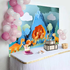 Lofaris Cute Paper Art Dinosaur Birthday Cake Smash Backdrop Prehistoric Cave Mountain Scene for Kids Party