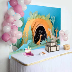 Lofaris Cute Paper Cut Dinosaurs Prehistoric Cave Birthday Cake Smash Backdrop Jungle Foliage Baby Birthday Party Decor
