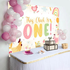 Lofaris Cute Pastel Pink Yellow Green Farm Animal Birthday Backdrop with This Chick Is ONE Slogan First Birthday Party Decor
