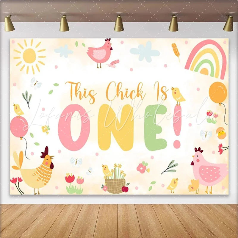 Lofaris Cute Pastel Pink Yellow Green Farm Animal Birthday Backdrop with This Chick Is ONE Slogan First Birthday Party Decor