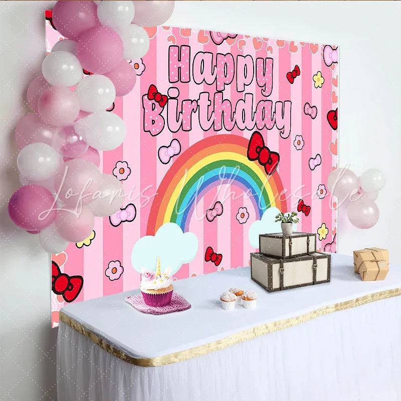 Lofaris Cute Pink Bow Rainbow Happy Birthday Backdrop for Girls Party Striped Hearts Background for Photo Booth Decoration