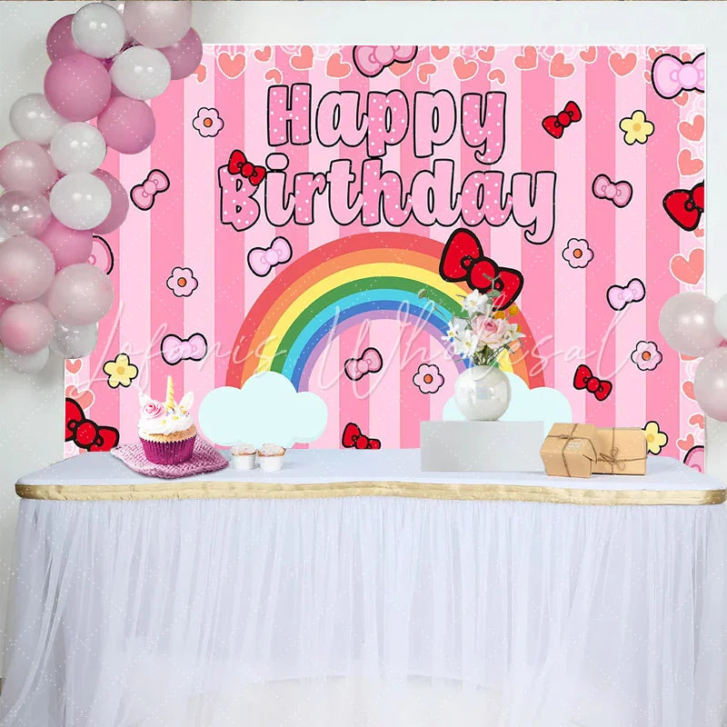 Lofaris Cute Pink Bow Rainbow Happy Birthday Backdrop for Girls Party Striped Hearts Background for Photo Booth Decoration