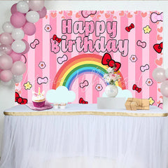 Lofaris Cute Pink Bow Rainbow Happy Birthday Backdrop for Girls Party Striped Hearts Background for Photo Booth Decoration
