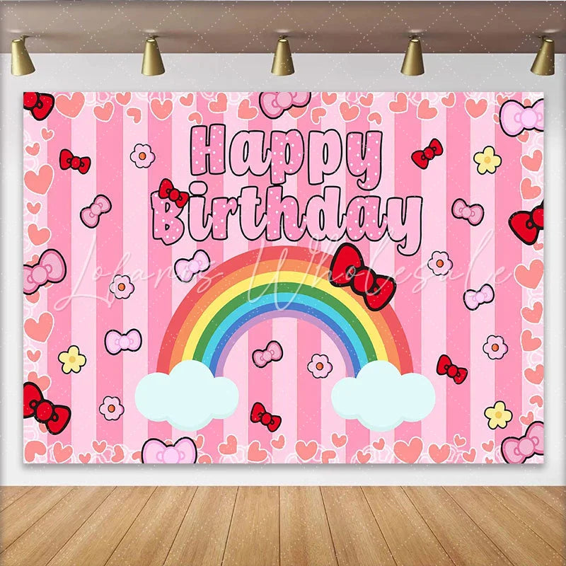 Lofaris Cute Pink Bow Rainbow Happy Birthday Backdrop for Girls Party Striped Hearts Background for Photo Booth Decoration