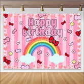 Lofaris Cute Pink Bow Rainbow Happy Birthday Backdrop for Girls Party Striped Hearts Background for Photo Booth Decoration