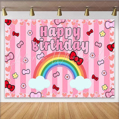Lofaris Cute Pink Bow Rainbow Happy Birthday Backdrop for Girls Party Striped Hearts Background for Photo Booth Decoration