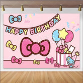 Lofaris Cute Pink Cartoon Birthday Backdrop with Bows and Balloons Adorable Party Background for Girls Photoshoot Decoration