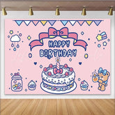 Lofaris Cute Pink Cartoon Birthday Backdrop with Cake and Teddy Bear Adorable Party Decoration Background for Girls Photoshoot